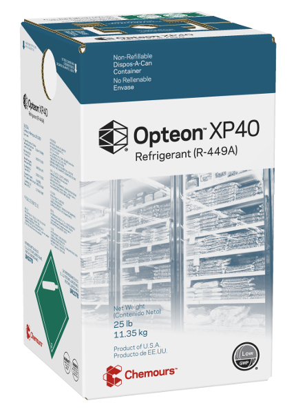Embalagem do fluido refrigerante à base de hidrofluorolefina R-449A, substância comercializada pela Chemours sob a marca Opteon XP40 | Foto: Divulgação