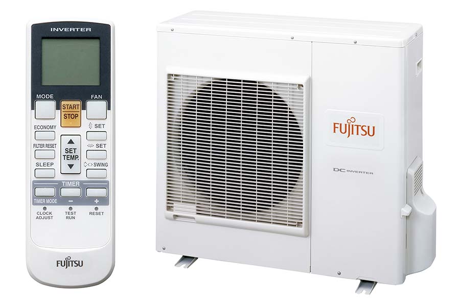 Controle remoto e unidade condensadora do novo ar-condicionado da Fujitsu