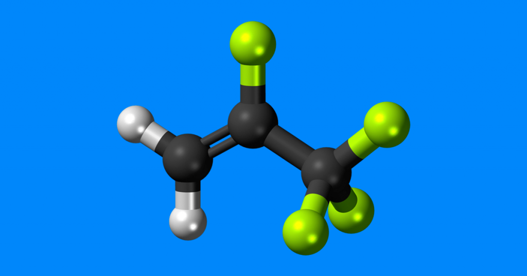 Estrutura molecular da hidrofluorolefina (HFO) R-1234yf, fluido refrigerante de baixo impacto climático