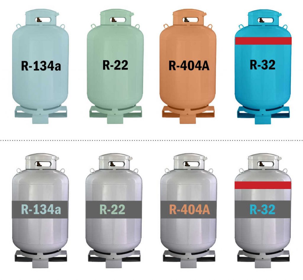 Botijas de gases refrigerantes coloridas (padrão atual) e cinzas, em conformidade com revisão da Diretriz N do AHRI