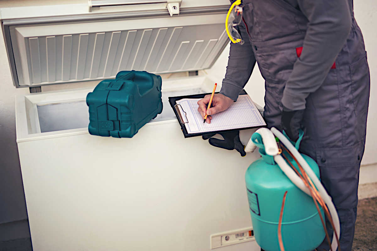 Técnico em refrigeração e ar condicionado checando freezer | Foto: Shutterstock