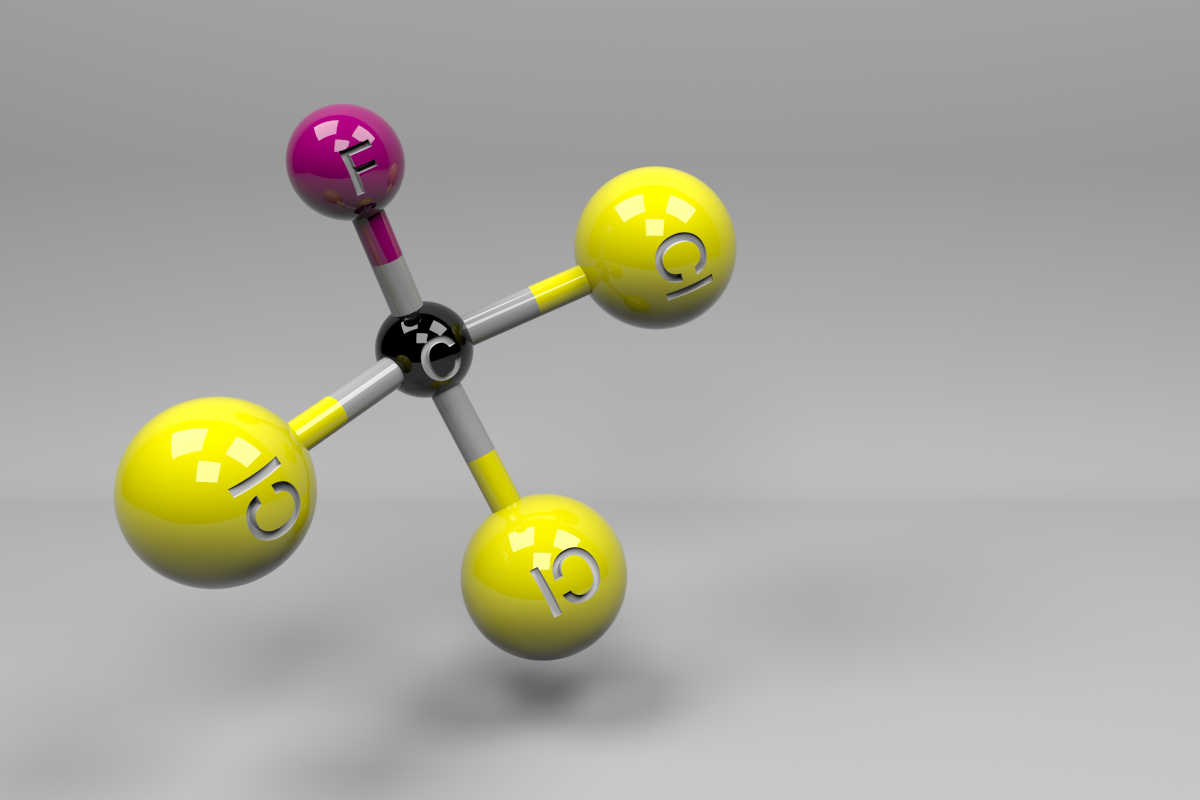 Modelo tridimensional da molécula do clorofluorcarbono R-11 | Imagem: Shutterstock