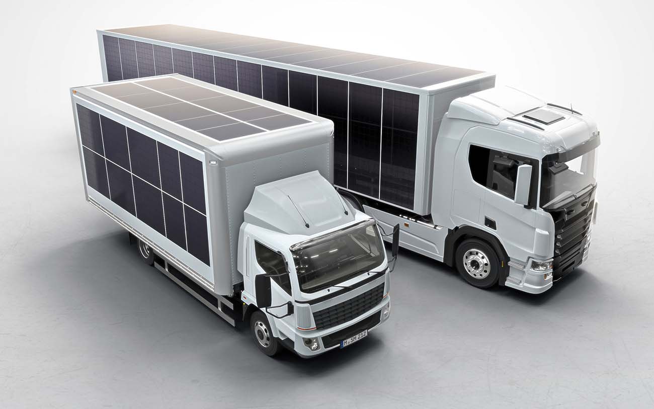 Caminhões com reboques refrigerados com painéis fotovoltaicos | Foto: Divulgação/Sono Motors
