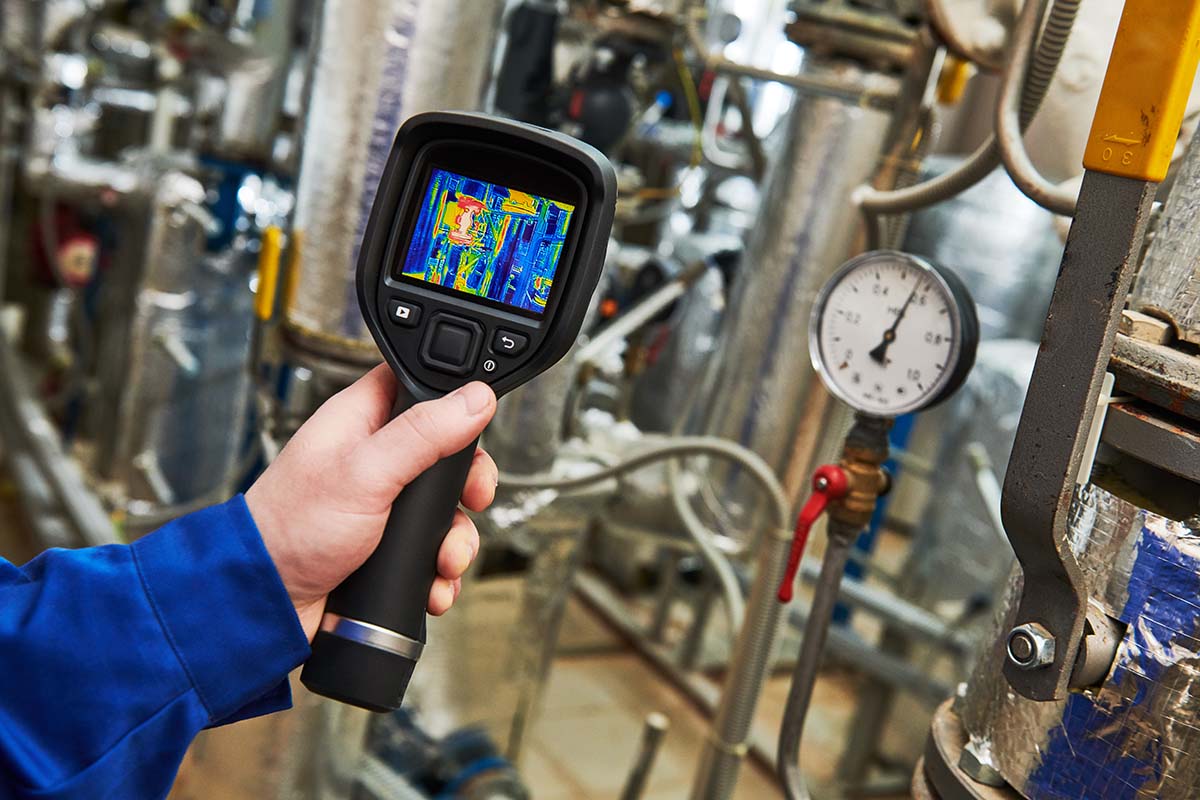 Câmera termográfica sendo apontada para sistema de bombeamento de água durante suposta manutenção preditiva | Foto: Shutterstock